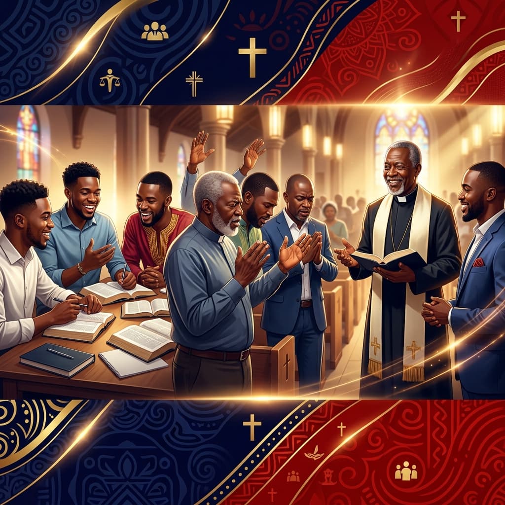 Men of different generations in church fellowship